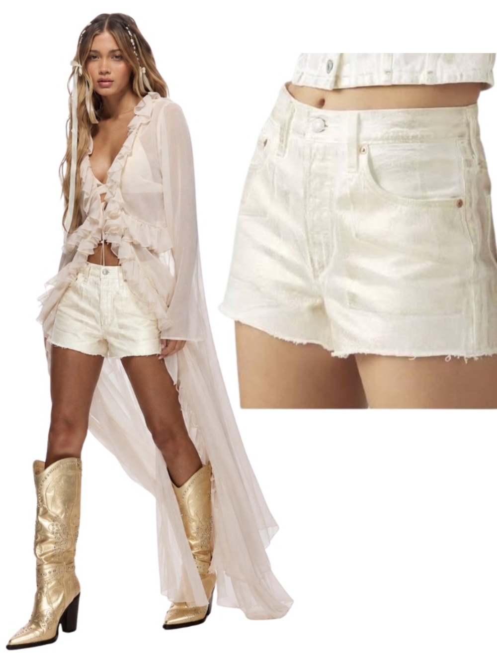 Levi's 501 Original High Rise Coated Gold Foil White Denim Cut Off Shorts Sz 27